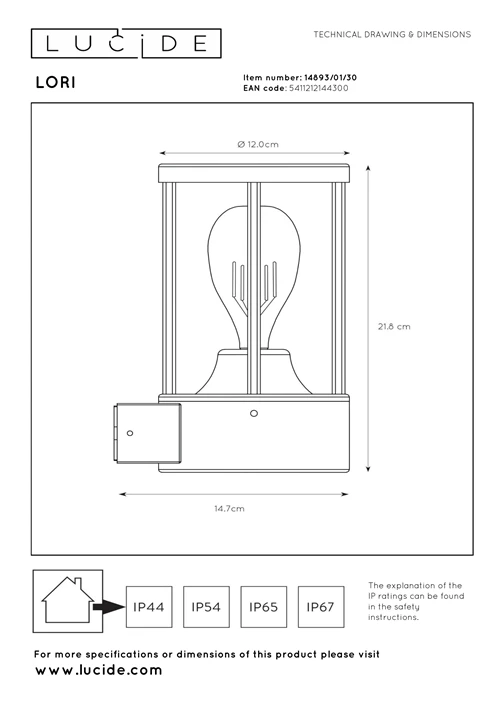 Lucide LORI - Wandlamp Binnen/Buiten - Ø 12 cm - 1xE27 - IP44 - Dag/nacht sensor - Antraciet - technisch